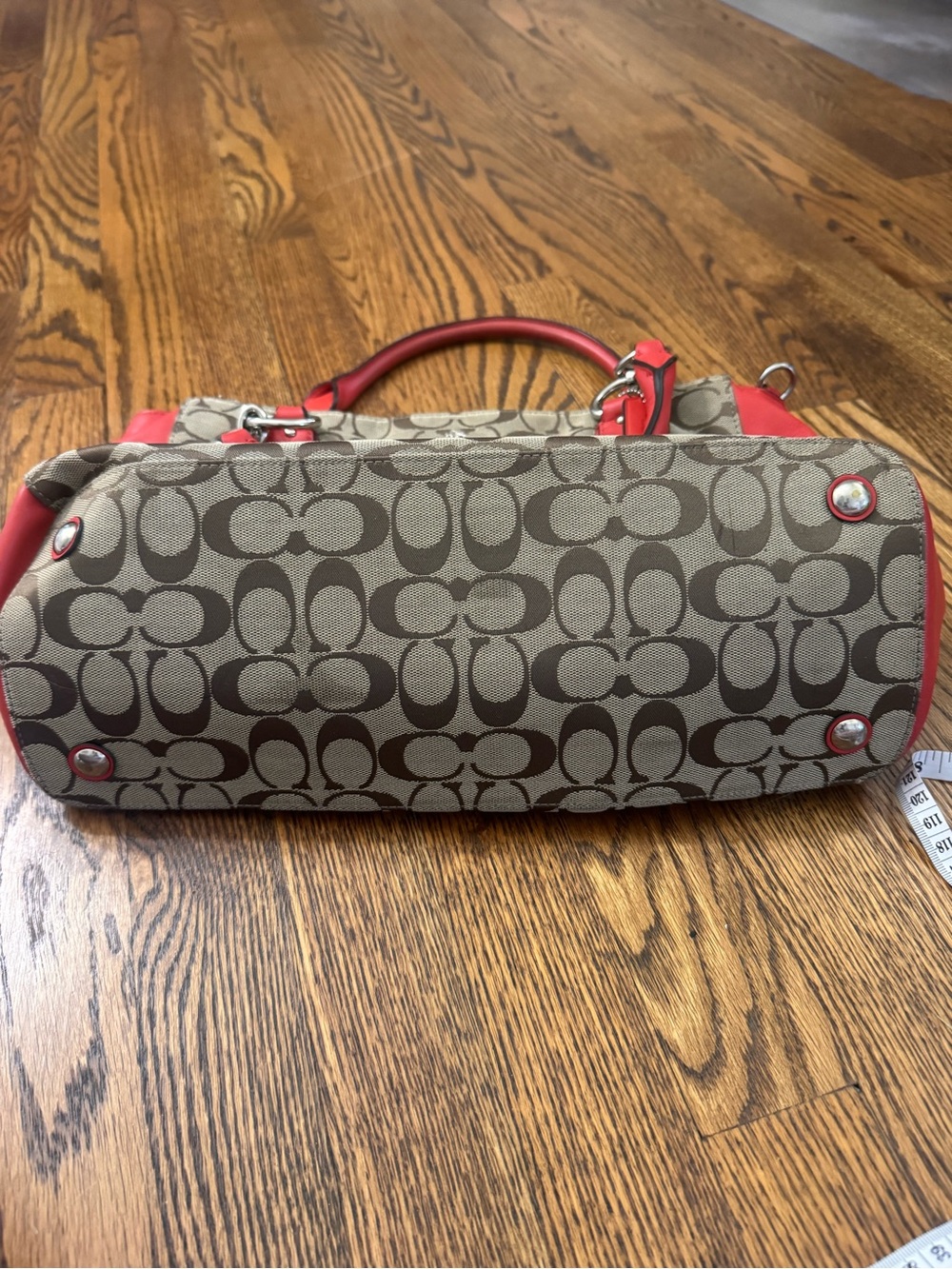 Coach Signature Canvas Coral Red Leather Satchel Crossbody Bag Purse EUC - Picture 5 of 16